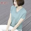 横行道2024夏装纯色竹节棉半袖打底衫宽松v领短袖t恤女士上衣服装女装 豆绿 XL