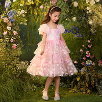 笛牧 女童连衣裙2024夏季新款梦幻花朵粉色连衣裙泡泡袖时髦网纱裙