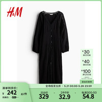H&M女士连衣裙2024夏优雅舒适蕾丝细节连衣裙1238296 黑色 155/80 XS