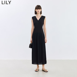 丽丽 LILY2024夏新款女装设计感学院风百褶气质V领通勤长款高腰连衣裙 510黑 S