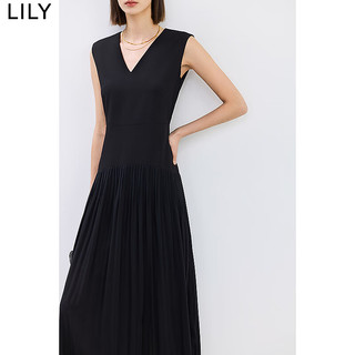 丽丽 LILY2024夏新款女装设计感学院风百褶气质V领通勤长款高腰连衣裙 510黑 S