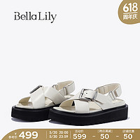Bella Lily2024夏季魔术贴厚底沙滩鞋女外穿凉鞋厚底休闲鞋子 米白 35