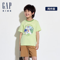 GAP男童2024夏季纯棉印花短袖T恤短裤套装户外风儿童装466026 绿棕组合 100cm(2-3岁)亚洲尺码