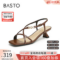 BASTO 百思图 24夏季时髦复古条带罗马细跟女凉鞋TT101BL4 啡色 34