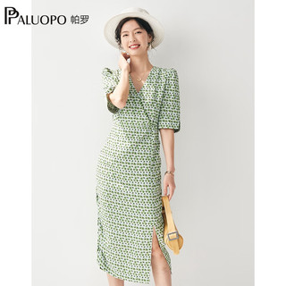 帕罗（PALUOPO）印花拼接网纱V领短款连衣裙短袖开叉2024夏季中长裙格子裙子 花色绿 S(155/80A)