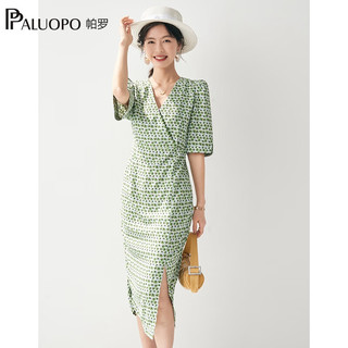 帕罗（PALUOPO）印花拼接网纱V领短款连衣裙短袖开叉2024夏季中长裙格子裙子 花色绿 S(155/80A)