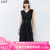 丽丽 LILY2024夏女装设计感百褶气质通勤款显瘦腰带连衣裙小黑裙女 510黑 S