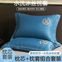 雅鹿夏季冰丝枕套+枕芯一对套装成人枕头睡觉颈椎枕单人宿舍男枕 夏月-瀑布蓝【清爽不黏腻】 冰丝枕套*1+枕芯*1