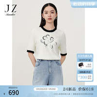 玖姿·安娜蔻【草目系列】撞色羊毛混纺珠片绣针织衫女2024秋 米白 S