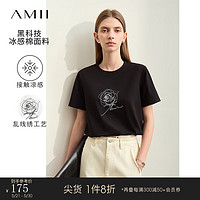 AMII2024夏休闲圆领玫瑰字母刺绣凉感短袖T恤女宽松百搭12452033 黑色 170/92A/XL