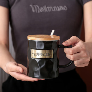 传旗陶瓷马克杯350ml带勺盖咖啡杯办公水杯茶杯牛奶杯喝水杯 和平黑 和平杯黑色