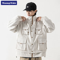 WASSUP WAKE 日系复古假两件外套男春秋季新款立领休闲潮牌工装夹克
