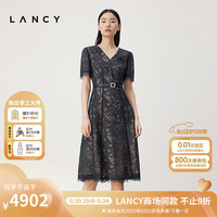 朗姿/LANCY2024夏季蕾丝v领收腰优雅法式连衣裙黑色中长裙女 暮色藏蓝色 S