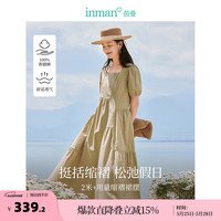 茵曼（INMAN）纯棉复古连衣裙2024夏季女装新款立体碎褶分割短袖A字长裙子 军绿色