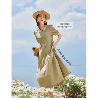 茵曼（INMAN）纯棉复古连衣裙2024夏季女装立体碎褶分割短袖A字长裙子 军绿色 S