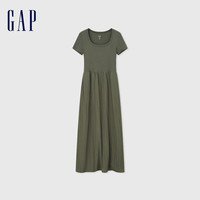 Gap 盖璞 女士拼接褶皱方领短袖连衣裙 406427 深绿色 XS