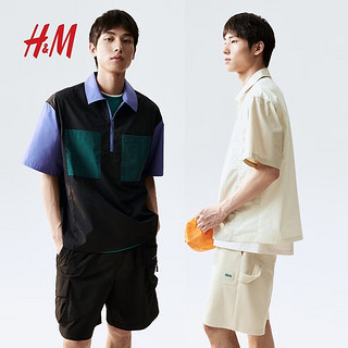 H&M2024夏季男装上部配拉链宽松版衬衫1237505 米色/白色 165/84