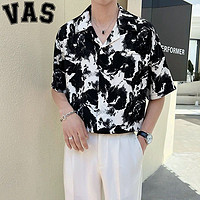 VAS&CO; 夏季短袖衬衫男士宽松高级设计感冰丝上衣中袖水墨印花衬衣