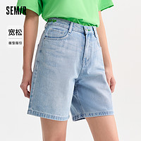 Semir 森马 牛仔裤女美式直筒裤潮酷个性时尚潮流夏女士刺绣宽松短裤街头