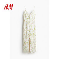 H&M HM女装连衣裙2024夏季新款休闲V领无袖修身碎花亚麻吊带裙1222949