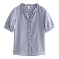 INMAN 茵曼 NMAN 茵曼 纯棉短袖白衬衫夏季木耳边复古提花法式气质V领衬衣上衣