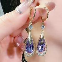 珥柒 高级感紫色水晶水滴形耳扣简约大气耳环时尚气质耳饰 紫色