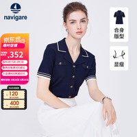 Navigare意大利小帆船短袖针织衫女2024春季V领开衫翻领弹力T恤衫 海军蓝 L