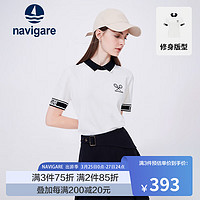 Navigare意大利小帆船短袖T恤女2024夏季时尚运动汗衫翻领修身针织衫 科技白/黑 XL