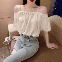 一字肩雪纺衬衫女夏季小清新甜美超仙泡泡袖吊带露肩上衣 白色 S