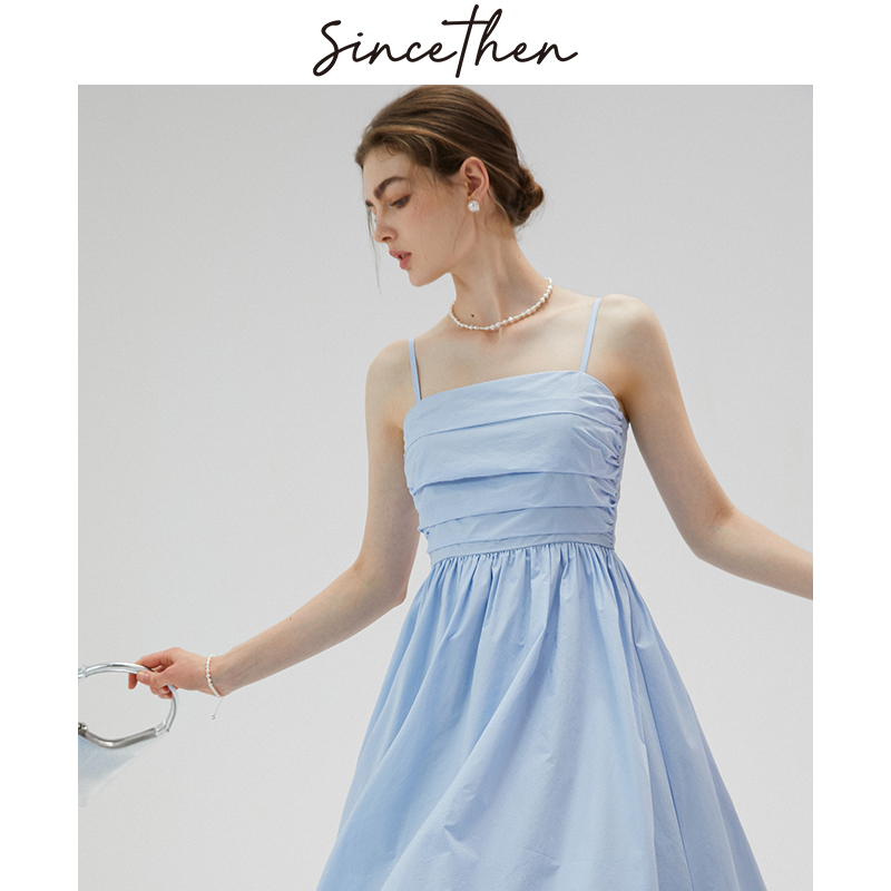 sincethen 法式长裙夏抹胸裙子小个子穿搭连衣裙蓝色吊带裙女夏季