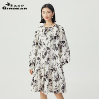哥弟真的好2024夏季新款复古高腰印花灯笼袖连衣裙伞裙女A500367 杏-黑碎花