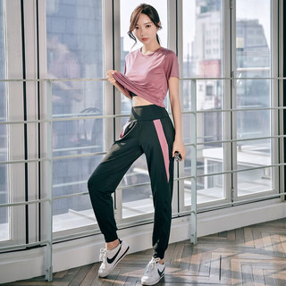 朵梵蓮运动套装女夏季季宽松显瘦瑜伽服女套装长袖房跑步服透气 【3件套】紫红色短袖+紫红长裤+内衣 S 85-103斤