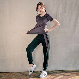 朵梵蓮运动套装女夏季季宽松显瘦瑜伽服女套装长袖房跑步服透气 【3件套】紫红色短袖+紫红长裤+内衣 S 85-103斤