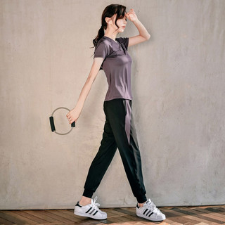 朵梵蓮运动套装女夏季季宽松显瘦瑜伽服女套装长袖房跑步服透气 【3件套】紫红色短袖+紫红长裤+内衣 S 85-103斤