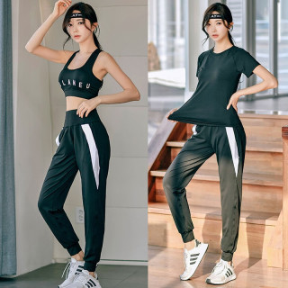 朵梵蓮运动套装女夏季季宽松显瘦瑜伽服女套装长袖房跑步服透气 【3件套】黑色短袖+白边长裤+内衣 S 85-103斤
