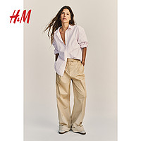 H&M HM女装衬衫2024夏季新款休闲水洗棉质翻领长袖牛津纺衬衫0925212