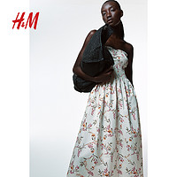 H&M HM女装连衣裙2024夏季新品上身缩褶碎花度假吊带中长裙1217947