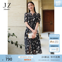 玖姿·安娜蔻民族风佩斯利肌理烧花抽褶收腰雪纺连衣裙女2024夏新款 花黑
