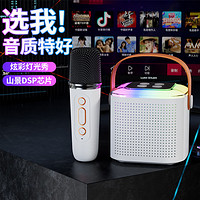 雅兰仕 便携式麦克风音响一体带话筒k歌音箱家庭KTV自带声卡无线蓝牙音箱家用卡拉ok儿童娱乐 单麦米色