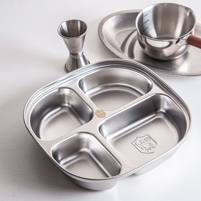 束语 日本不锈钢儿童餐盘316幼儿园宝宝分格餐具婴儿食品级饭盘分隔盘 304不锈钢餐盘-方脸4格 11.6英寸