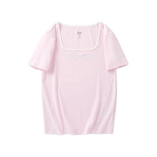 Gap 盖璞 女装2024夏季弹力罗纹撞色U领短袖T恤修身显瘦上衣 465251 浅粉色 XL