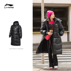 lining李宁长款羽绒服女士冬季运动连帽宽松保暖鸭绒面包运动服上衣