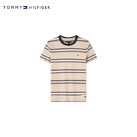 TOMMY HILFIGER 24新款春夏童装男纯棉经典布标撞色条纹短袖T恤TH2422764 卡其条纹001