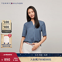 TOMMY HILFIGER24早秋女装时尚满印Z字斜纹垂顺V字领短袖上衣42727 蓝色印花00J 32 （XS）