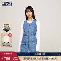 TOMMY JEANS24春夏女装纯棉腰带显瘦复古贴袋拉链无袖牛仔连衣裙17682 牛仔蓝1A5