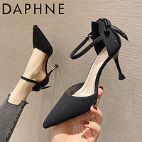DAPHNE 达芙妮 黑色高跟鞋女细跟高级感小众气质微胖女生不累脚的尖头单鞋