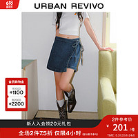 URBAN REVIVO UR2024夏季女装复古休闲不对称绑带裙裤牛仔短裤UWU840042 蓝色 25