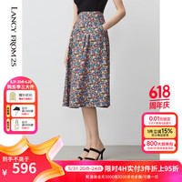 朗姿商场同款复古主题印花半裙夏季新款高腰a字半身裙女裙子 夜幕黑色