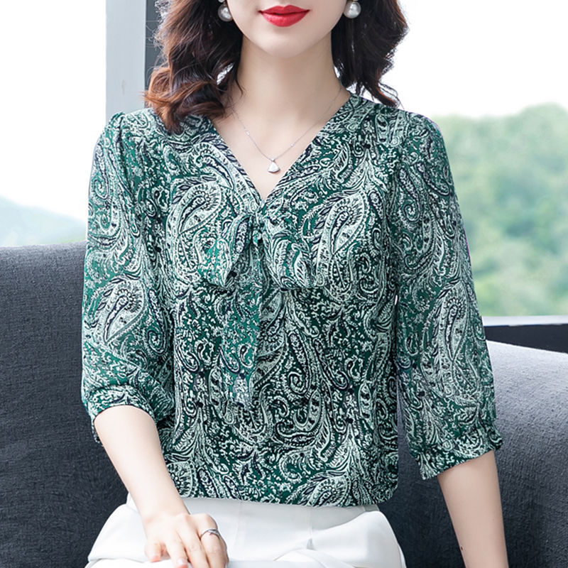 霏楚夏季新款碎花雪纺衫女士七分袖宽松遮肚子时尚洋气质高贵雪纺上衣