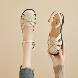 daphne达芙妮时尚百搭罗马凉鞋女夏季软底平底法式猪笼包头编织女鞋